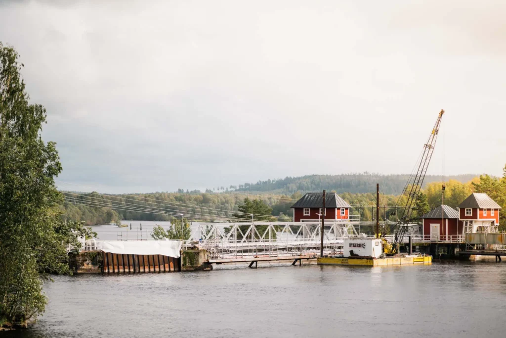 Sjö med röda små hus och skog