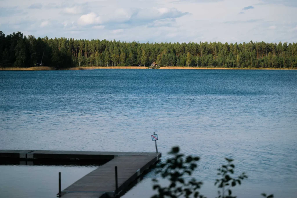 Sjö med brygga och skog